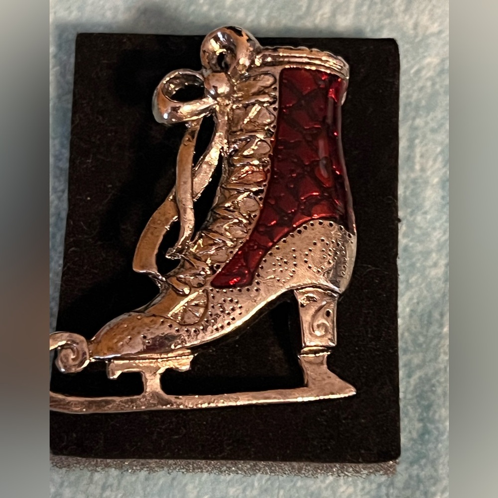Vintage- Silver and Red Ice Skate Brooch